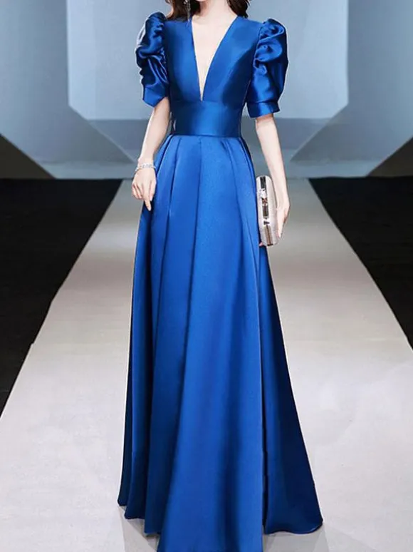 Evening Dress A-Line V-Neck Floor-Length Short Sleeves Zipper Satin Fabric Formal Party Dresses