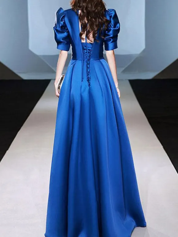 Evening Dress A-Line V-Neck Floor-Length Short Sleeves Zipper Satin Fabric Formal Party Dresses