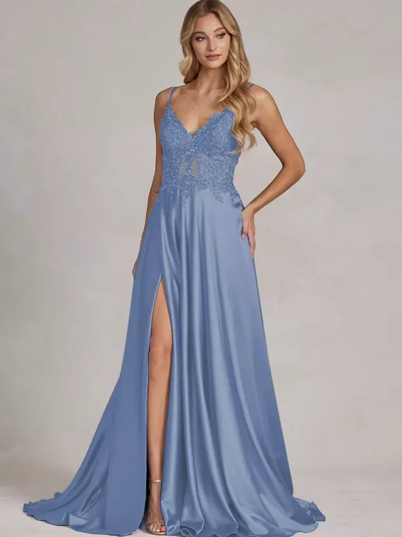 Evening Dress A-Line V-Neck Lace Floor-Length Formal Party Dresses Free Customization