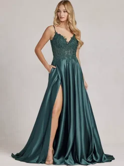 Evening Dress A-Line V-Neck Lace Floor-Length Formal Party Dresses Free Customization