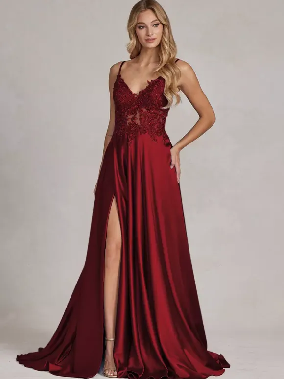Evening Dress A-Line V-Neck Lace Floor-Length Formal Party Dresses Free Customization