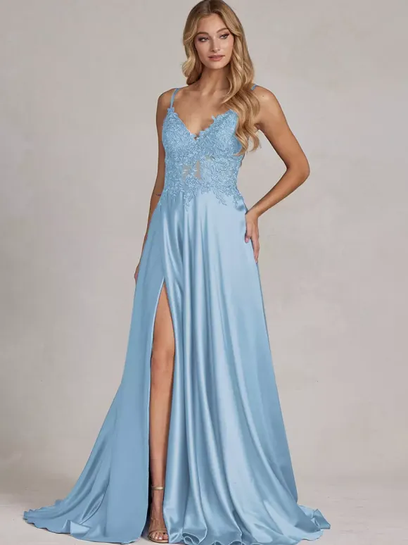 Evening Dress A-Line V-Neck Lace Floor-Length Formal Party Dresses Free Customization