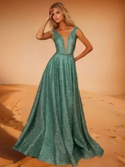 Evening Dress A-Line V-Neck Polyester With Train Formal Dinner Dresses