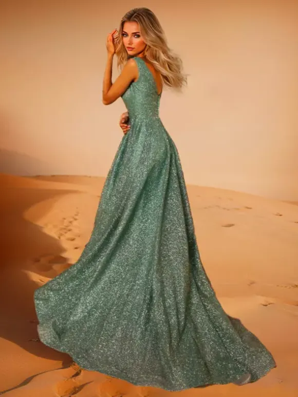 Evening Dress A-Line V-Neck Polyester With Train Formal Dinner Dresses