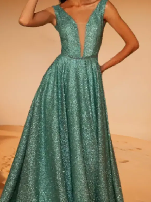 Evening Dress A-Line V-Neck Polyester With Train Formal Dinner Dresses