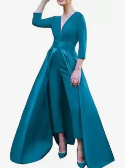 Evening Dress A-Line V-Neck Satin Fabric Floor-Length Bows Formal Party Dresses