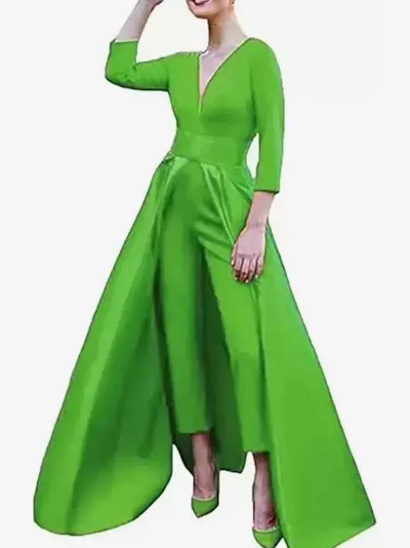 Evening Dress A-Line V-Neck Satin Fabric Floor-Length Bows Formal Party Dresses