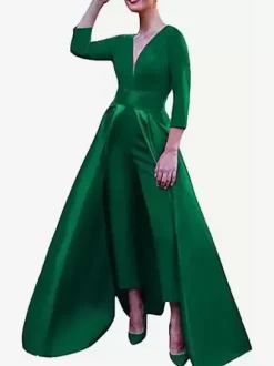 Evening Dress A-Line V-Neck Satin Fabric Floor-Length Bows Formal Party Dresses