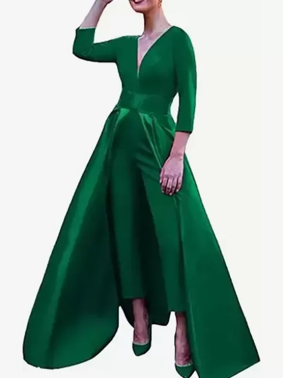 Evening Dress A-Line V-Neck Satin Fabric Floor-Length Bows Formal Party Dresses