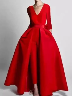 Evening Dress A-Line V-Neck Satin Fabric Floor-Length Bows Formal Party Dresses