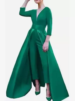 Evening Dress A-Line V-Neck Satin Fabric Floor-Length Bows Formal Party Dresses