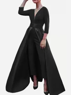 Evening Dress A-Line V-Neck Satin Fabric Floor-Length Bows Formal Party Dresses