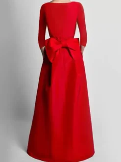 Evening Dress A-Line V-Neck Satin Fabric Floor-Length Bows Formal Party Dresses