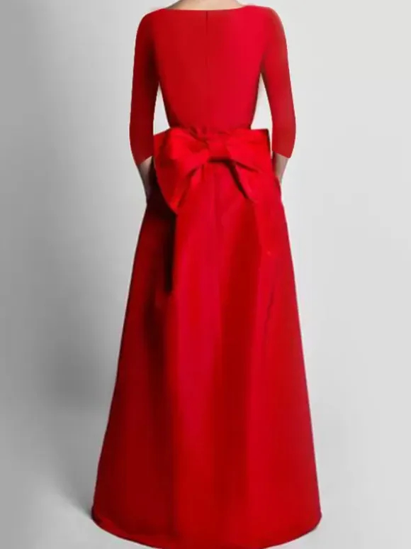 Evening Dress A-Line V-Neck Satin Fabric Floor-Length Bows Formal Party Dresses