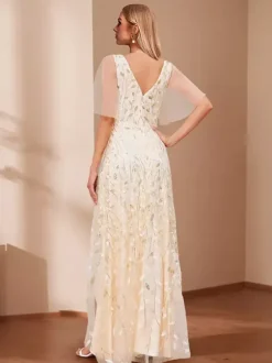 Evening Dress A-Line V-Neck Sequined Floor-Length Sequins Formal Party Dresses