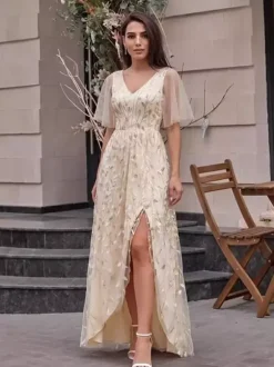 Evening Dress A-Line V-Neck Sequined Floor-Length Sequins Formal Party Dresses