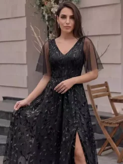 Evening Dress A-Line V-Neck Sequined Floor-Length Sequins Formal Party Dresses