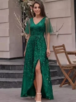 Evening Dress A-Line V-Neck Sequined Floor-Length Sequins Formal Party Dresses