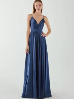 Evening Dress A-Line V-Neck Sleeveless Backless Bows Floor-Length Formal Dinner Dress