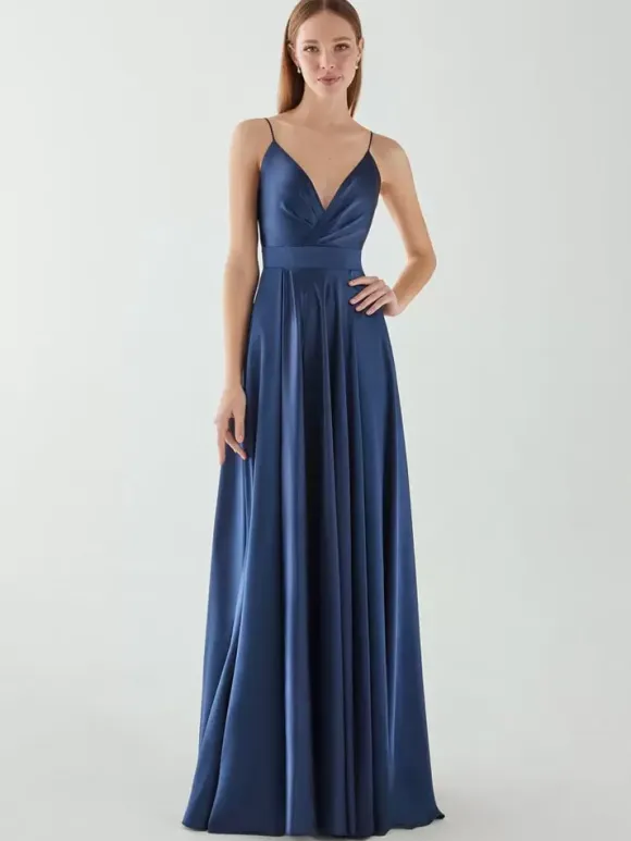 Evening Dress A-Line V-Neck Sleeveless Backless Bows Floor-Length Formal Dinner Dress