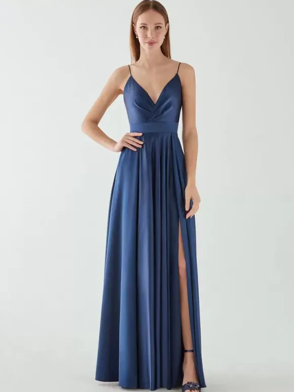 Evening Dress A-Line V-Neck Sleeveless Backless Bows Floor-Length Formal Dinner Dress