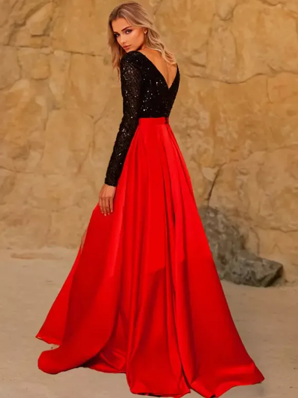 Evening Dress A-Line V-Neck Sweep Long Sleeves Wedding Dress Functional Buttons Sequins Satin Fabric Social Party Dresses