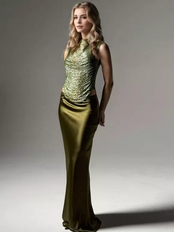Evening Dress Ball Gown Designed Neckline Polyester Floor-Length Fringe Formal Party Dresses