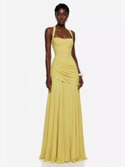 Evening Dress Ball Gown Designed Neckline Polyester Floor-Length Pleated Formal Dinner Dresses