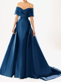 Evening Dress Ball Gown Designed Neckline With Train Half Sleeves Zipper Pleated Satin Fabric Formal Party Dresses