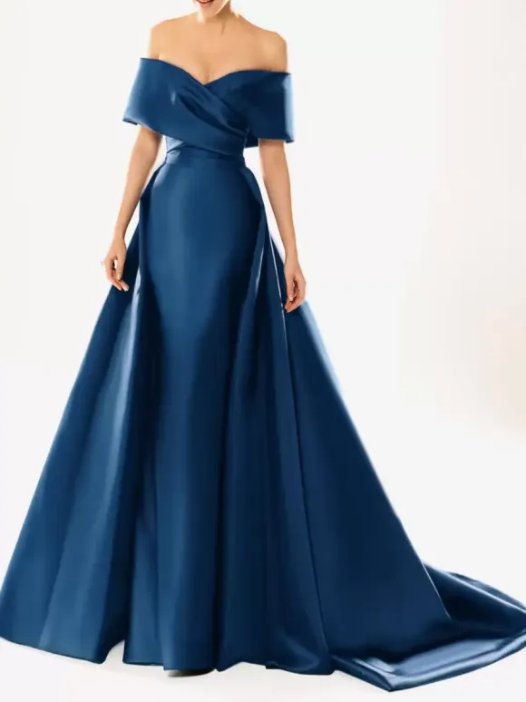 Evening Dress Ball Gown Designed Neckline With Train Half Sleeves Zipper Pleated Satin Fabric Formal Party Dresses
