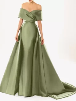 Evening Dress Ball Gown Designed Neckline With Train Half Sleeves Zipper Pleated Satin Fabric Formal Party Dresses
