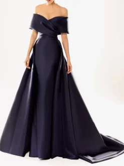 Evening Dress Ball Gown Designed Neckline With Train Half Sleeves Zipper Pleated Satin Fabric Formal Party Dresses