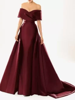 Evening Dress Ball Gown Designed Neckline With Train Half Sleeves Zipper Pleated Satin Fabric Formal Party Dresses