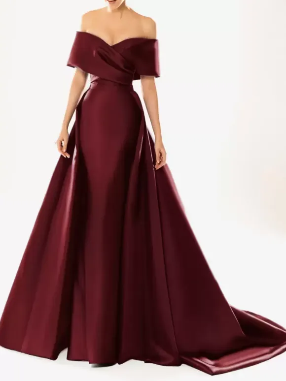 Evening Dress Ball Gown Designed Neckline With Train Half Sleeves Zipper Pleated Satin Fabric Formal Party Dresses