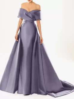 Evening Dress Ball Gown Designed Neckline With Train Half Sleeves Zipper Pleated Satin Fabric Formal Party Dresses