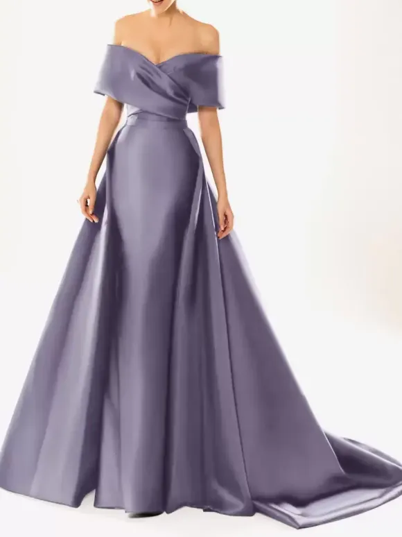 Evening Dress Ball Gown Designed Neckline With Train Half Sleeves Zipper Pleated Satin Fabric Formal Party Dresses