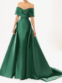 Evening Dress Ball Gown Designed Neckline With Train Half Sleeves Zipper Pleated Satin Fabric Formal Party Dresses