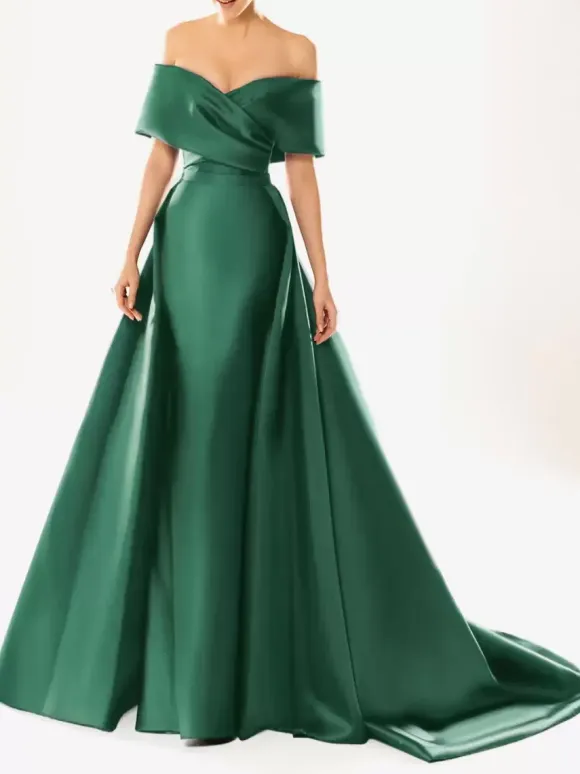 Evening Dress Ball Gown Designed Neckline With Train Half Sleeves Zipper Pleated Satin Fabric Formal Party Dresses