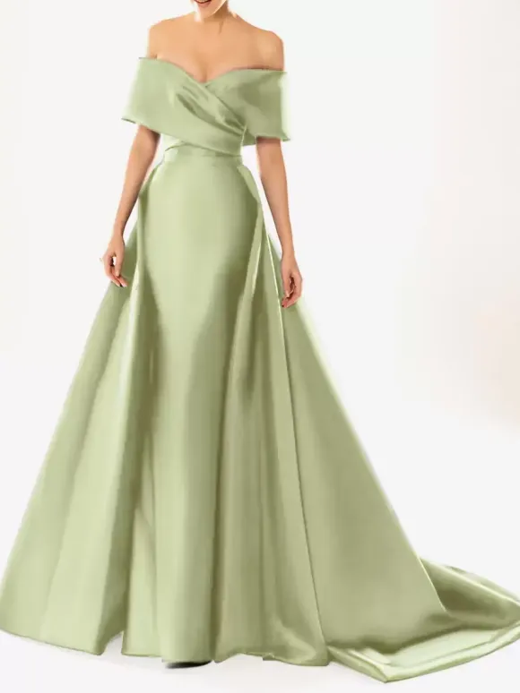 Evening Dress Ball Gown Designed Neckline With Train Half Sleeves Zipper Pleated Satin Fabric Formal Party Dresses