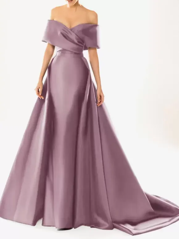 Evening Dress Ball Gown Designed Neckline With Train Half Sleeves Zipper Pleated Satin Fabric Formal Party Dresses