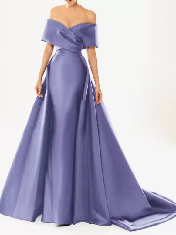 Evening Dress Ball Gown Designed Neckline With Train Half Sleeves Zipper Pleated Satin Fabric Formal Party Dresses