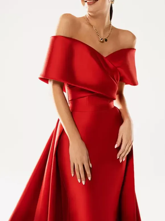 Evening Dress Ball Gown Designed Neckline With Train Half Sleeves Zipper Pleated Satin Fabric Formal Party Dresses