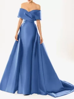 Evening Dress Ball Gown Designed Neckline With Train Half Sleeves Zipper Pleated Satin Fabric Formal Party Dresses
