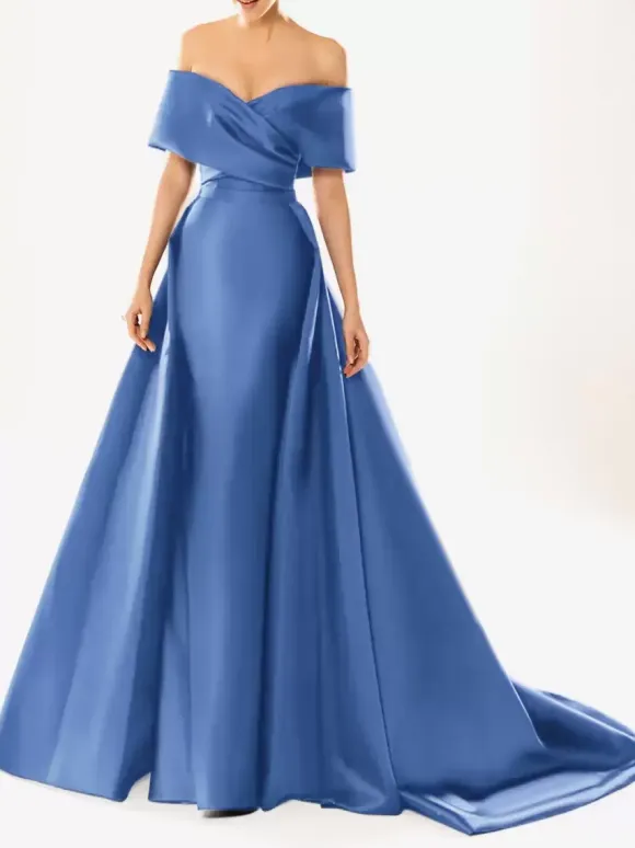 Evening Dress Ball Gown Designed Neckline With Train Half Sleeves Zipper Pleated Satin Fabric Formal Party Dresses