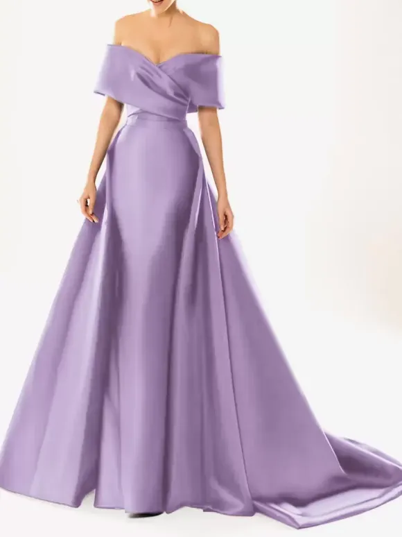 Evening Dress Ball Gown Designed Neckline With Train Half Sleeves Zipper Pleated Satin Fabric Formal Party Dresses