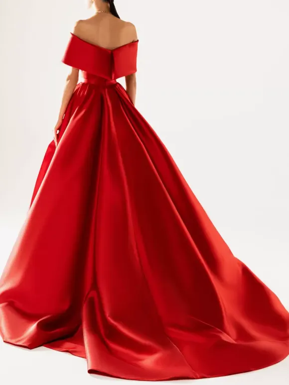 Evening Dress Ball Gown Designed Neckline With Train Half Sleeves Zipper Pleated Satin Fabric Formal Party Dresses