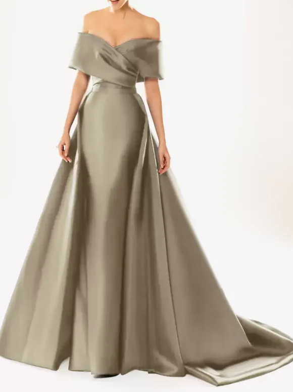Evening Dress Ball Gown Designed Neckline With Train Half Sleeves Zipper Pleated Satin Fabric Formal Party Dresses