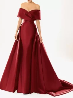 Evening Dress Ball Gown Designed Neckline With Train Half Sleeves Zipper Pleated Satin Fabric Formal Party Dresses
