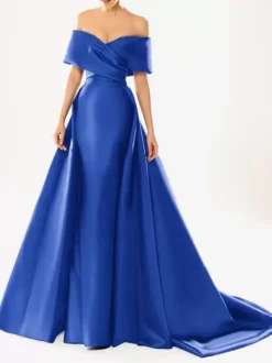 Evening Dress Ball Gown Designed Neckline With Train Half Sleeves Zipper Pleated Satin Fabric Formal Party Dresses