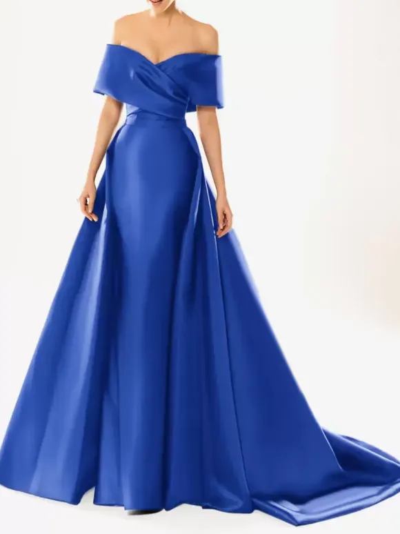 Evening Dress Ball Gown Designed Neckline With Train Half Sleeves Zipper Pleated Satin Fabric Formal Party Dresses